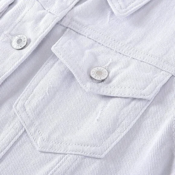 Women's Jean Jacket Distressed Ripped Denim Jacket Coat with Pockets White